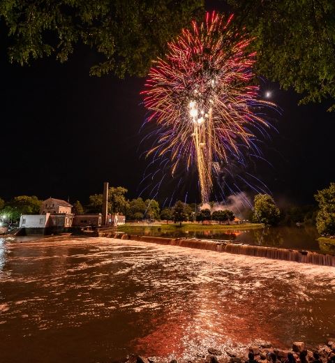 Fireworks by old mill
